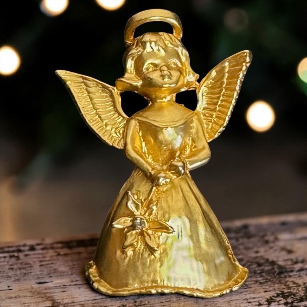 Angel Brooch‎ Pin Gold Tone Rhinestone Flower Halo Wings